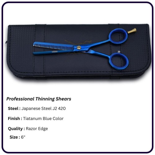 6” Titanium Blue Hair Thinning Scissors – Shears | 30 Tooth Classic Handle Hairdressing Shears Single Blade