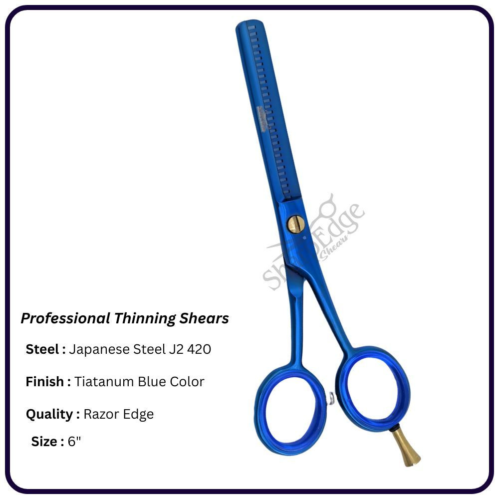 6” Titanium Blue Hair Thinning Scissors – Shears | 30 Tooth Classic Handle Hairdressing Shears Single Blade