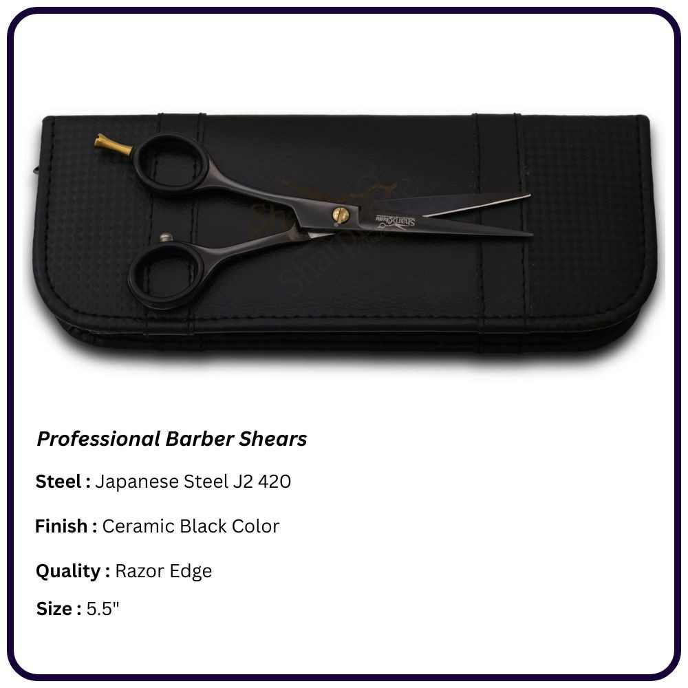 5.5" Ceramic Black Left-Hand Barber Scissors – Razor Edge Classic Handle Shears | OEM Manufacturer Pakistan