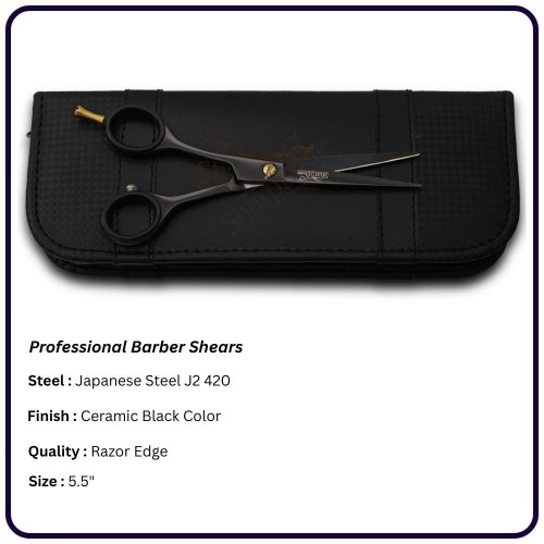 5.5" Ceramic Black Left-Hand Barber Scissors – Razor Edge Classic Handle Shears | OEM Manufacturer Pakistan