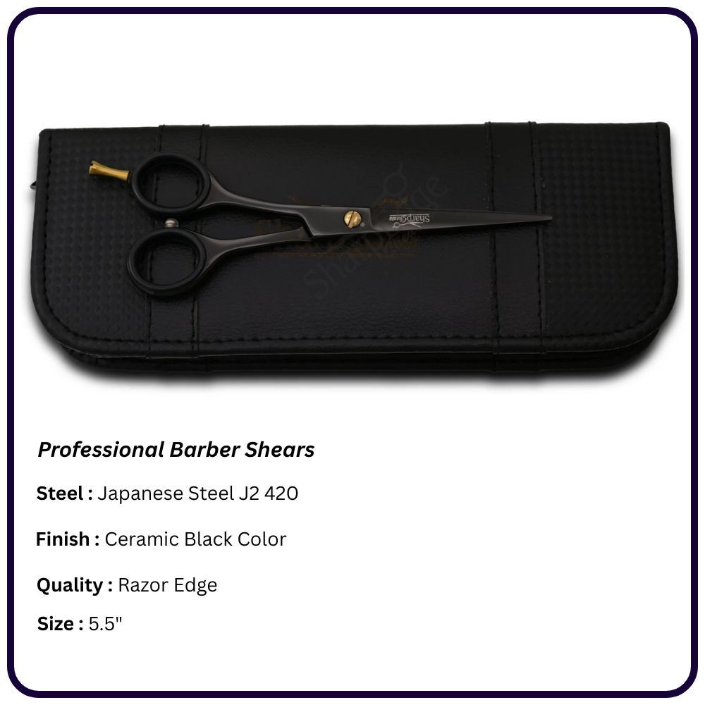 5.5" Ceramic Black Left-Hand Barber Scissors – Razor Edge Classic Handle Shears | OEM Manufacturer Pakistan