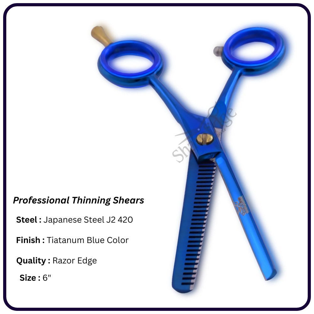 6” Titanium Blue Hair Thinning Scissors – Shears | 30 Tooth Classic Handle Hairdressing Shears Single Blade