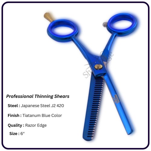 6” Titanium Blue Hair Thinning Scissors – Shears | 30 Tooth Classic Handle Hairdressing Shears Single Blade