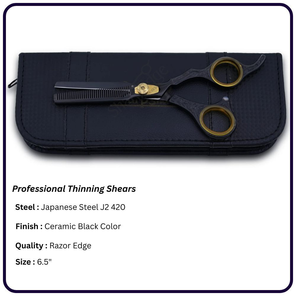 Japanese Thinning Scissors 6.5" – Ceramic Black Offset Hair Cutting Shears, Adjustable Screw, gold plated, 30th Teeth