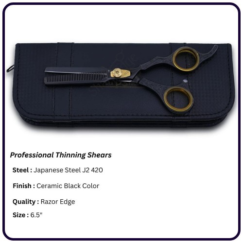 Japanese Thinning Scissors 6.5" – Ceramic Black Offset Hair Cutting Shears, Adjustable Screw, gold plated, 30th Teeth