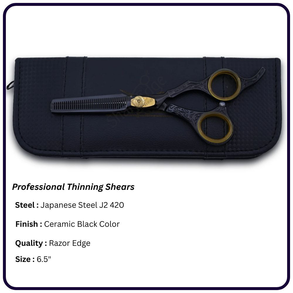 Japanese Thinning Scissors 6.5" – Ceramic Black Offset Hair Cutting Shears, Adjustable Screw, gold plated, 30th Teeth