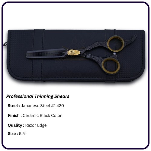 Japanese Thinning Scissors 6.5" – Ceramic Black Offset Hair Cutting Shears, Adjustable Screw, gold plated, 30th Teeth