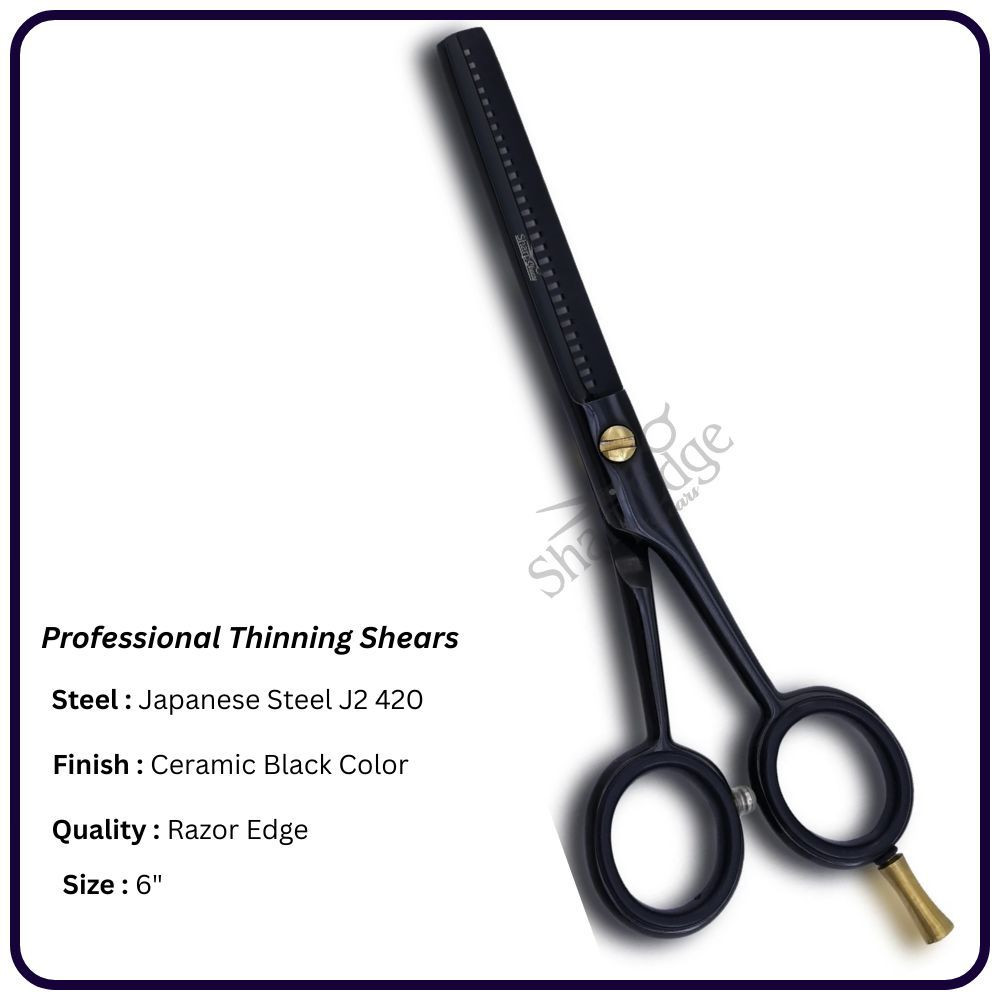 Ceramic Black 6" Hair Thinning Scissors – Shears | 30 Tooth Classic Handle Hairdressing Shears Single Blade, Razor Edge