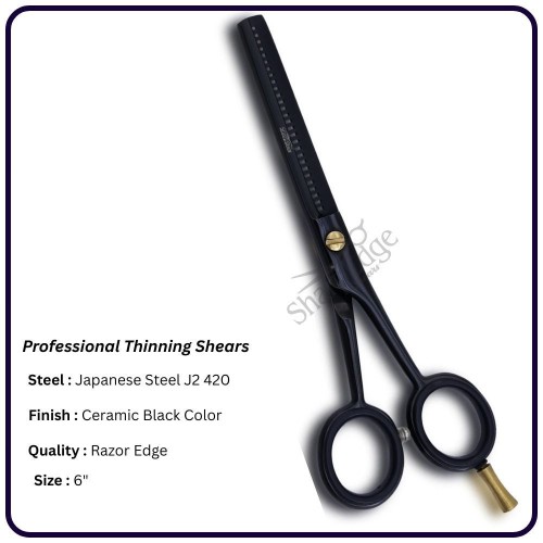 Ceramic Black 6" Hair Thinning Scissors – Shears | 30 Tooth Classic Handle Hairdressing Shears Single Blade, Razor Edge