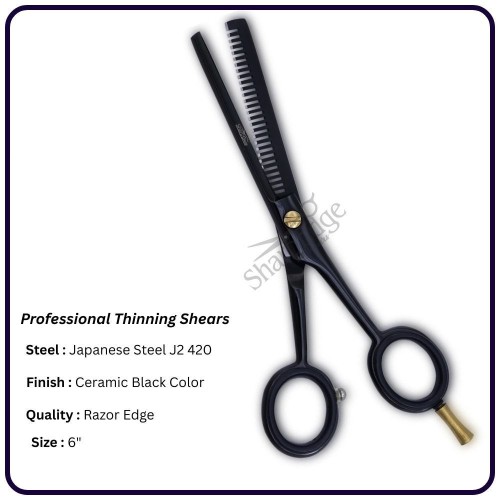 Ceramic Black 6" Hair Thinning Scissors – Shears | 30 Tooth Classic Handle Hairdressing Shears Single Blade, Razor Edge