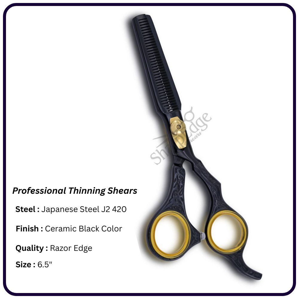 Japanese Thinning Scissors 6.5" – Ceramic Black Offset Hair Cutting Shears, Adjustable Screw, gold plated, 30th Teeth