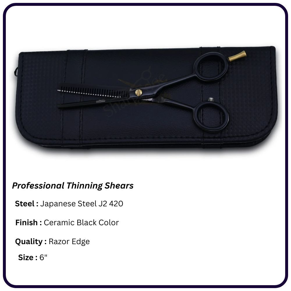 Ceramic Black 6" Hair Thinning Scissors – Shears | 30 Tooth Classic Handle Hairdressing Shears Single Blade, Razor Edge