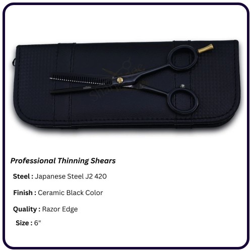 Ceramic Black 6" Hair Thinning Scissors – Shears | 30 Tooth Classic Handle Hairdressing Shears Single Blade, Razor Edge