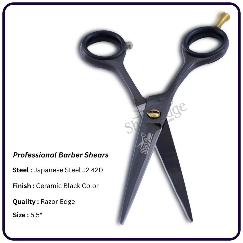5.5" Ceramic Black Left-Hand Barber Scissors – Razor Edge Classic Handle Shears | OEM Manufacturer Pakistan