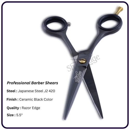 5.5" Ceramic Black Left-Hand Barber Scissors – Razor Edge Classic Handle Shears | OEM Manufacturer Pakistan