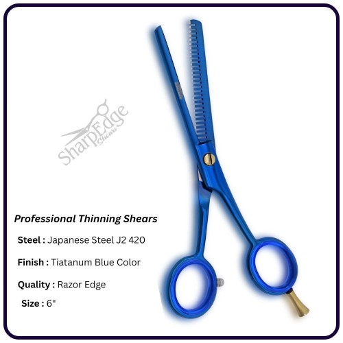 6” Titanium Blue Hair Thinning Scissors – Shears | 30 Tooth Classic Handle Hairdressing Shears Single Blade