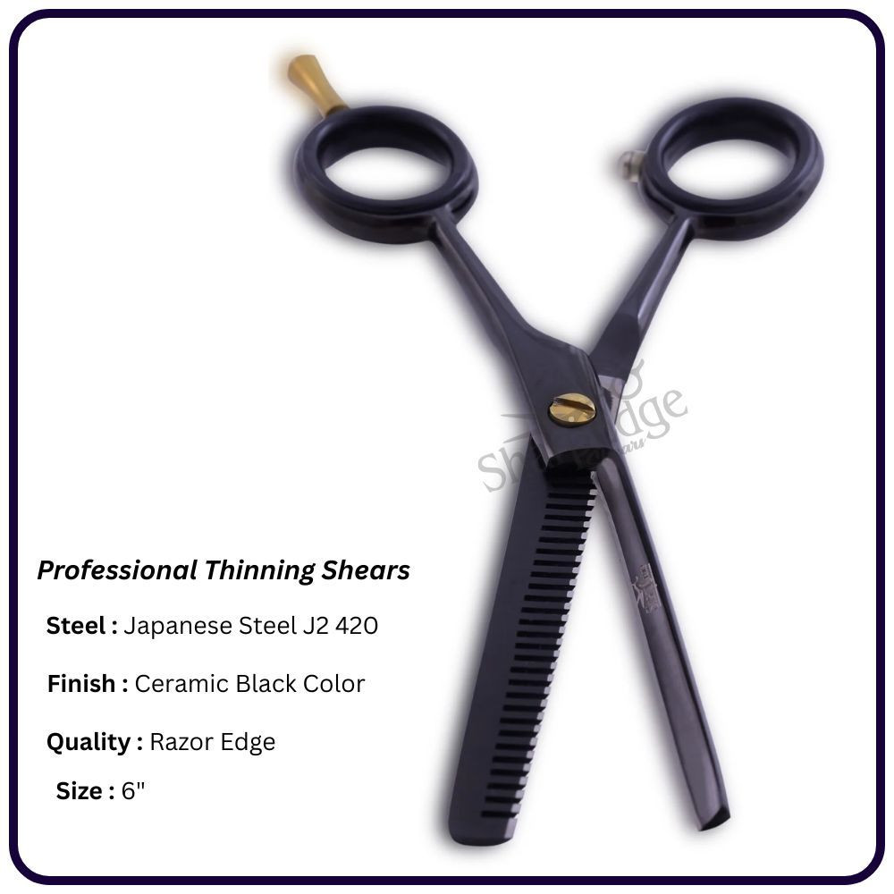 Ceramic Black 6" Hair Thinning Scissors – Shears | 30 Tooth Classic Handle Hairdressing Shears Single Blade, Razor Edge
