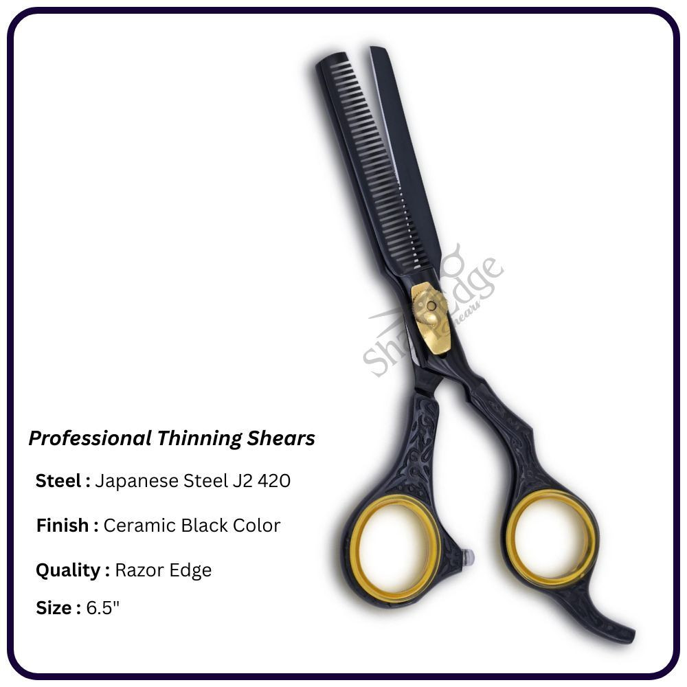 Japanese Thinning Scissors 6.5" – Ceramic Black Offset Hair Cutting Shears, Adjustable Screw, gold plated, 30th Teeth