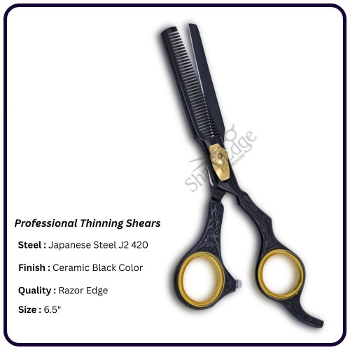 Japanese Thinning Scissors 6.5" – Ceramic Black Offset Hair Cutting Shears, Adjustable Screw, gold plated, 30th Teeth