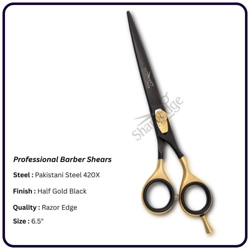 Half Gold Black Barber Scissors 6.5" – Offset Handle Right Hand Shears | OEM Razor Edge Scissors Manufacturer Pakistan