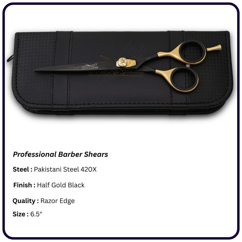 Half Gold Black Barber Scissors 6.5" – Offset Handle Right Hand Shears | OEM Razor Edge Scissors Manufacturer Pakistan