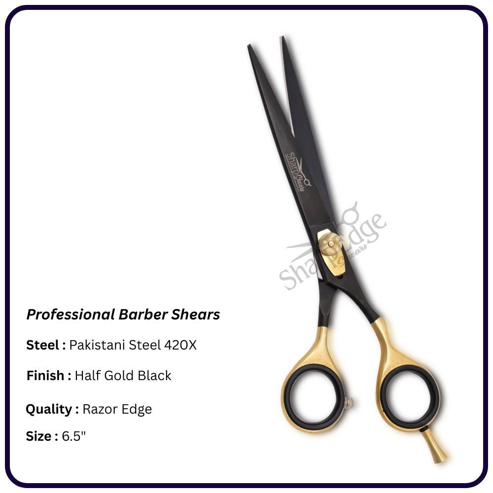 Half Gold Black Barber Scissors 6.5" – Offset Handle Right Hand Shears | OEM Razor Edge Scissors Manufacturer Pakistan
