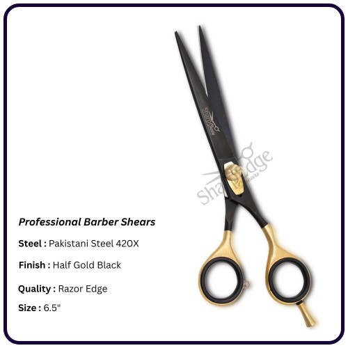 Half Gold Black Barber Scissors 6.5" – Offset Handle Right Hand Shears | OEM Razor Edge Scissors Manufacturer Pakistan
