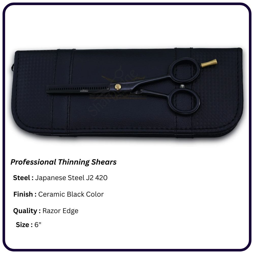 Ceramic Black 6" Hair Thinning Scissors – Shears | 30 Tooth Classic Handle Hairdressing Shears Single Blade, Razor Edge