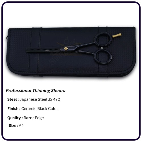 Ceramic Black 6" Hair Thinning Scissors – Shears | 30 Tooth Classic Handle Hairdressing Shears Single Blade, Razor Edge