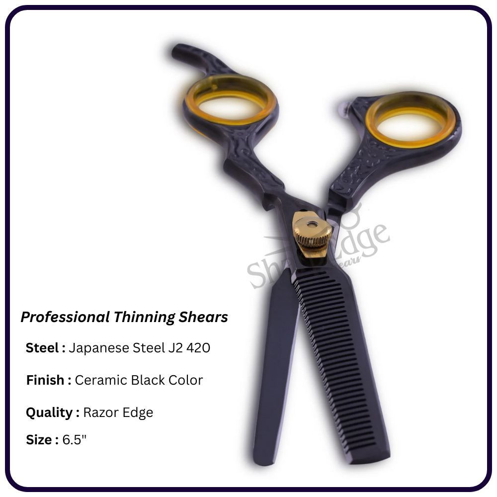Japanese Thinning Scissors 6.5" – Ceramic Black Offset Hair Cutting Shears, Adjustable Screw, gold plated, 30th Teeth