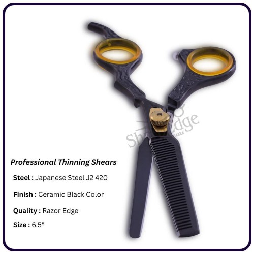 Japanese Thinning Scissors 6.5" – Ceramic Black Offset Hair Cutting Shears, Adjustable Screw, gold plated, 30th Teeth