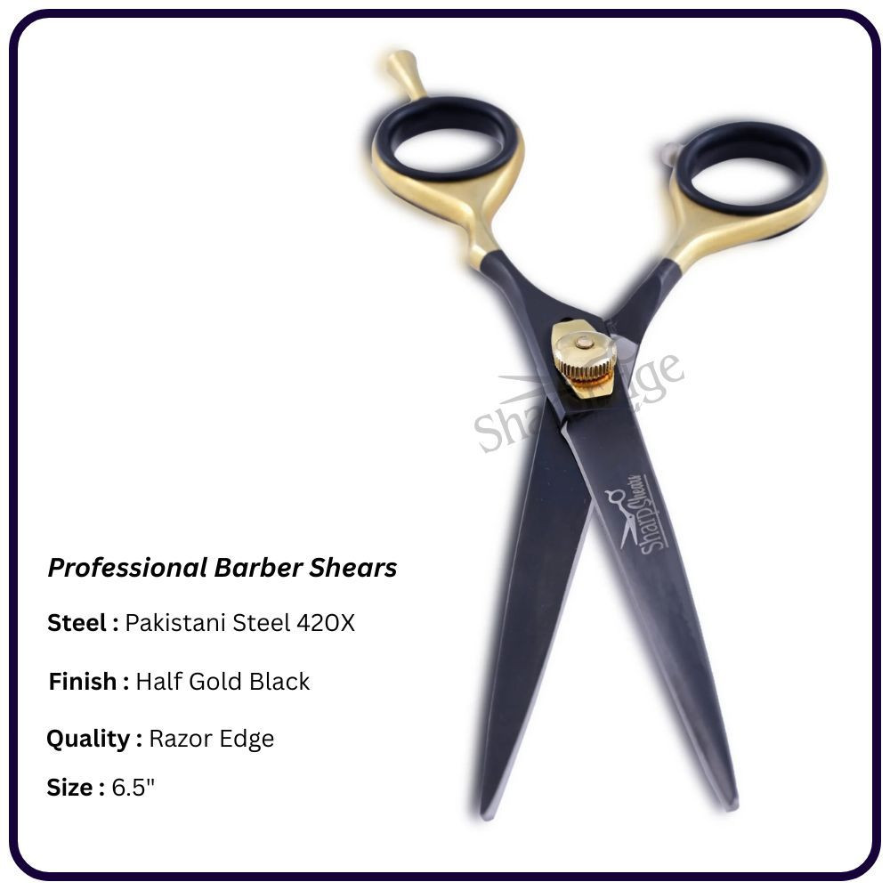 Half Gold Black Barber Scissors 6.5" – Offset Handle Right Hand Shears | OEM Razor Edge Scissors Manufacturer Pakistan